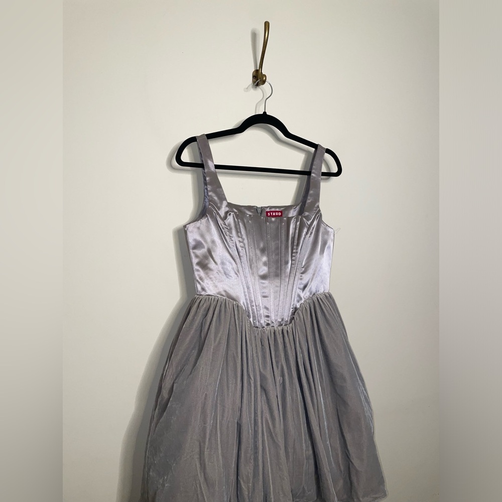 STAUD Landscape Silver Mini Dress Velvet Gray Tulle - Picture 7 of 9